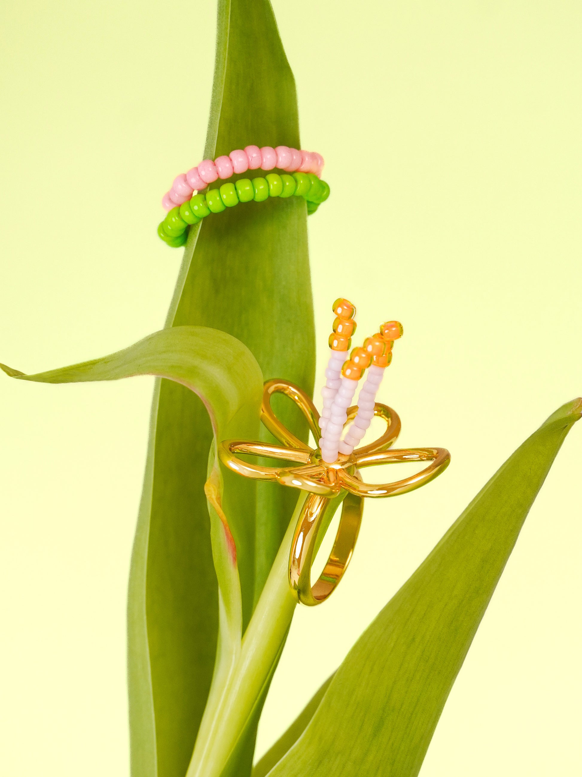 Pink and Green Beaded Ring Set - Work Piece