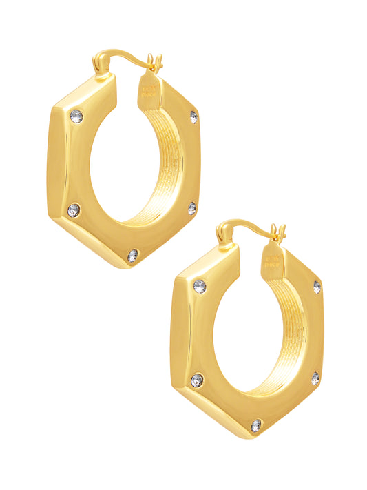 Hex Nut Hollow Tube Hoop Earrings - Gold