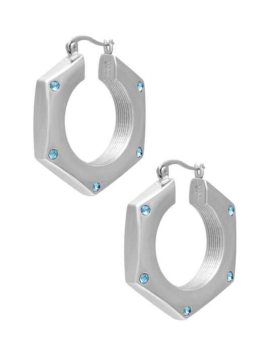 Hex Nut Hollow Tube Hoop Earrings - Silver