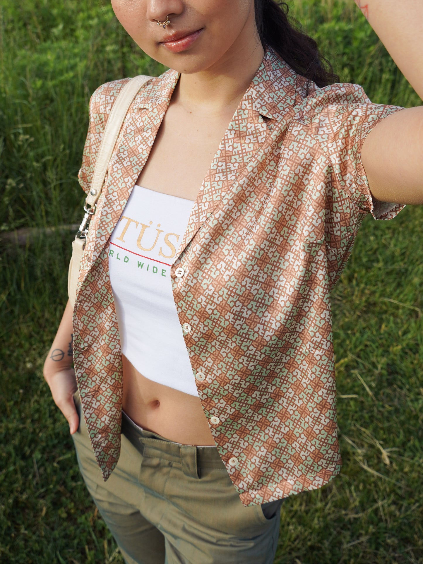 Monogram Cropped 100% Silk Shirt